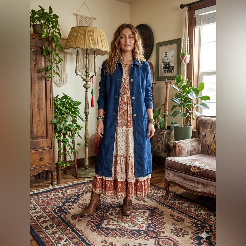 Vintage 90s "For Joseph" Boho Sun Button Long Denim Duster Coat